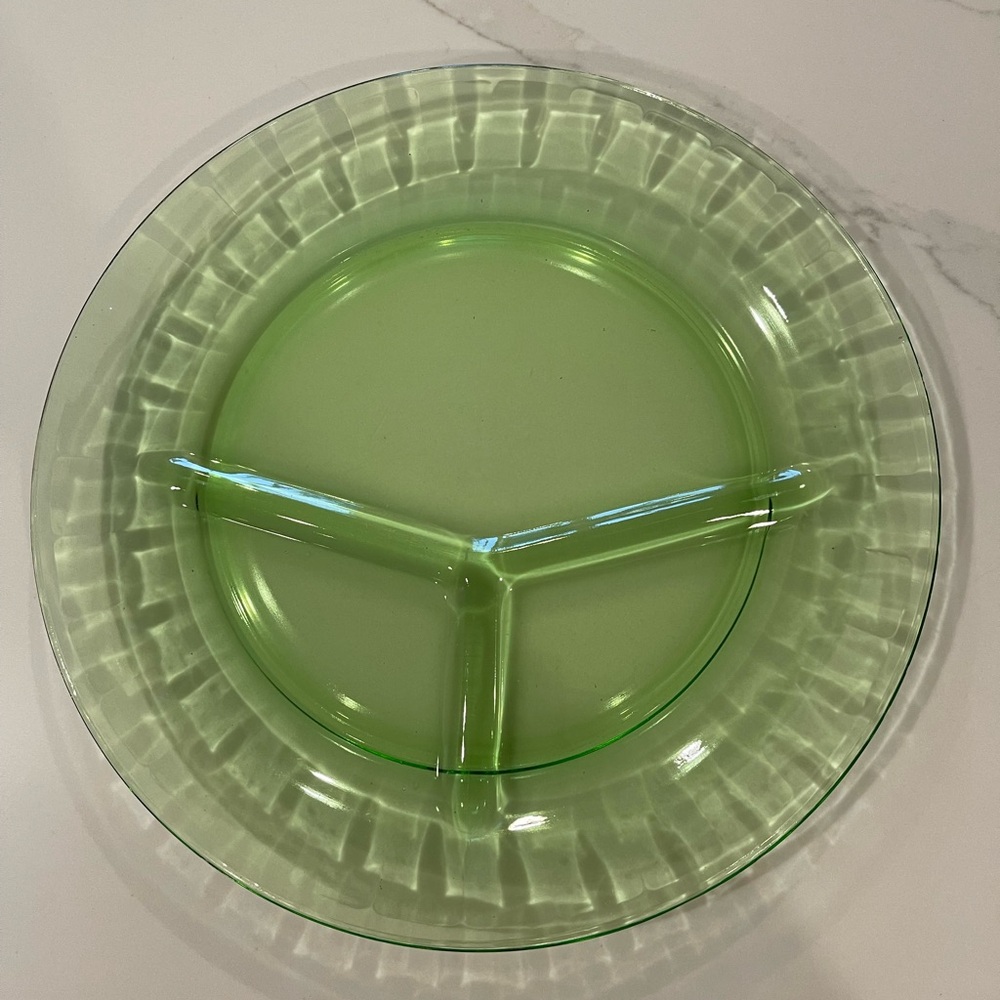vintage green depression glass divided grill plate